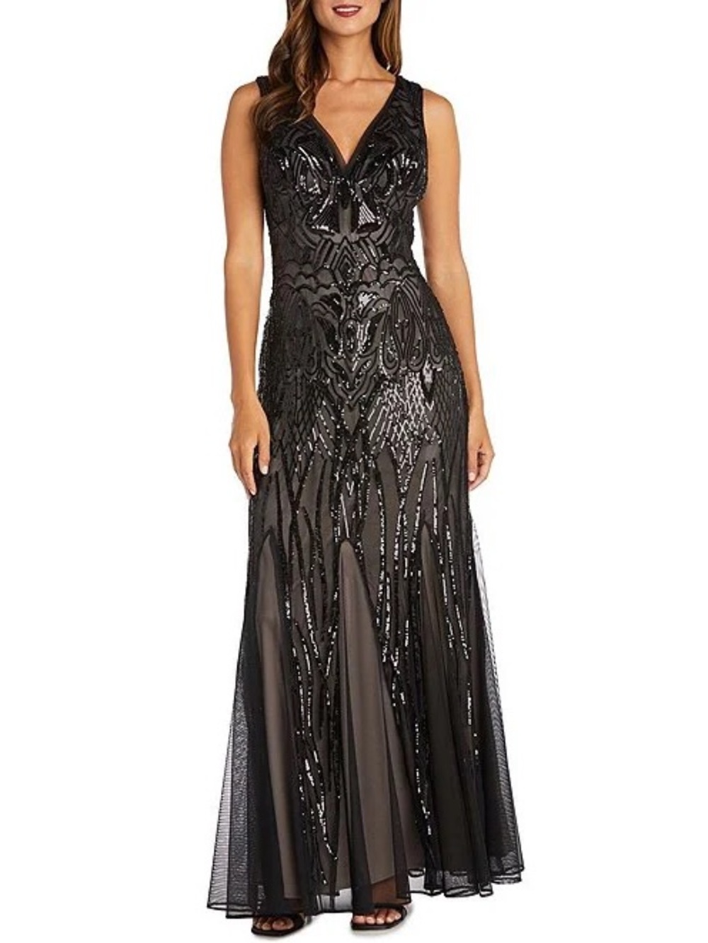 R&M Richard’s sleeveless V-neck sequin Godet skirt maxi gown